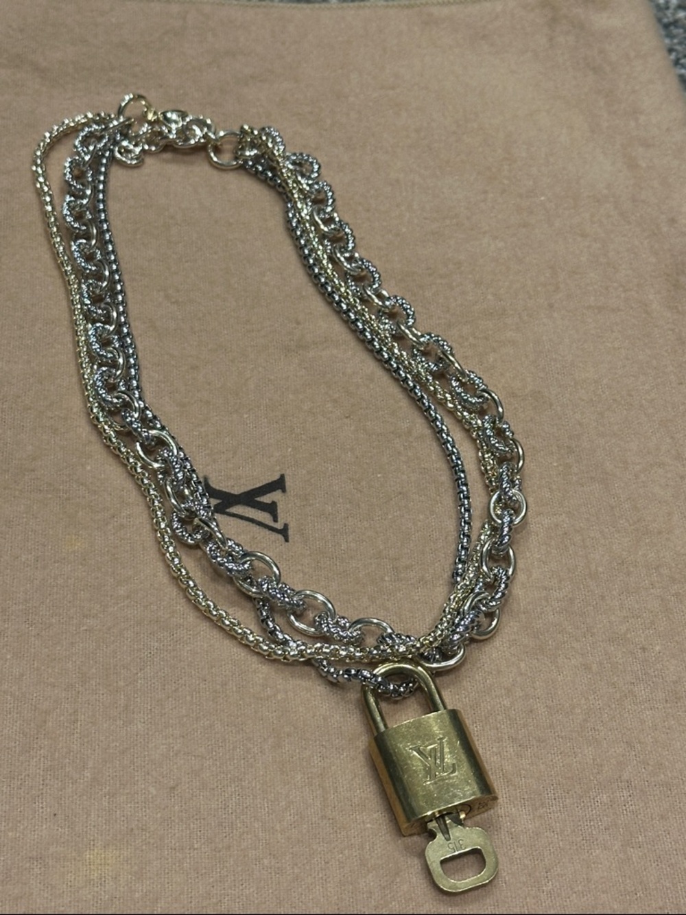 LV lock and key on Non-branded Gold and Silver Multi-Chain Necklace